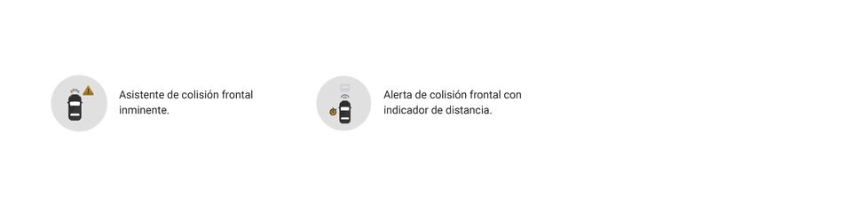 Íconos de alerta de punto ciego, asistente de colisión frontal inminente y alerta de colisión frontal con indicador de distancia