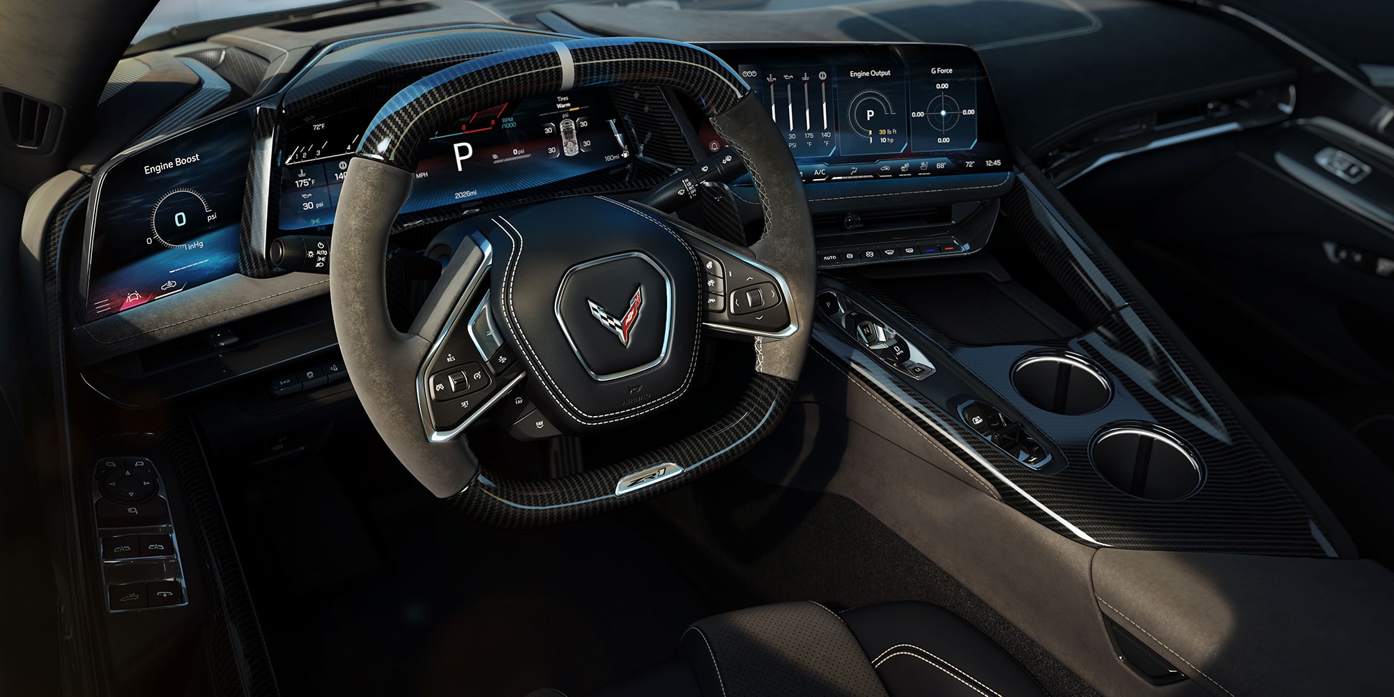 Volante de parte superior e inferior plana y consola central del Chevrolet Corvette ZR1 2026 con detalles en fibra de carbono.